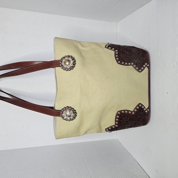 Cream and Brown Western Tote with Leather Accents - Picture 6 of 14